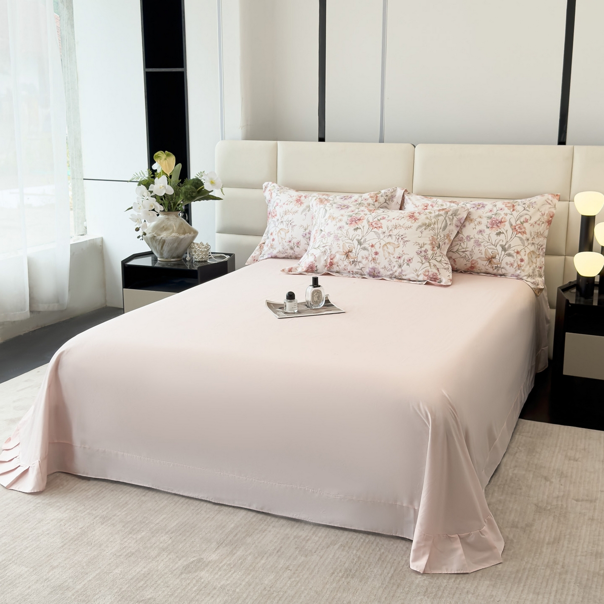 91家纺网 家纺一手货源 找家纺 洺兰家居 2025新款高支高密轻奢数码印花四件套长绒棉纯棉四件套 锦予-粉