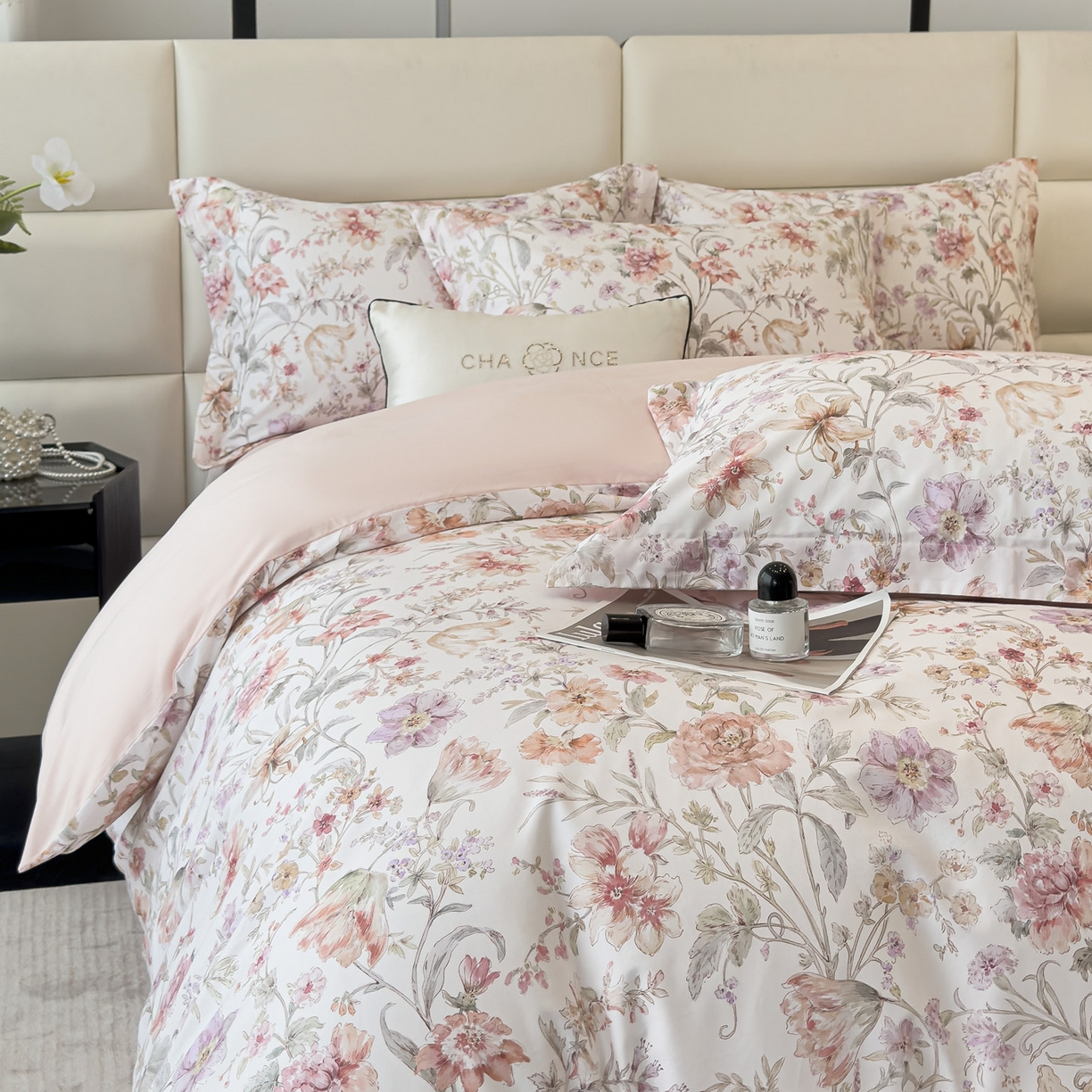 91家纺网 家纺一手货源 找家纺 洺兰家居 2025新款高支高密轻奢数码印花四件套长绒棉纯棉四件套 锦予-粉