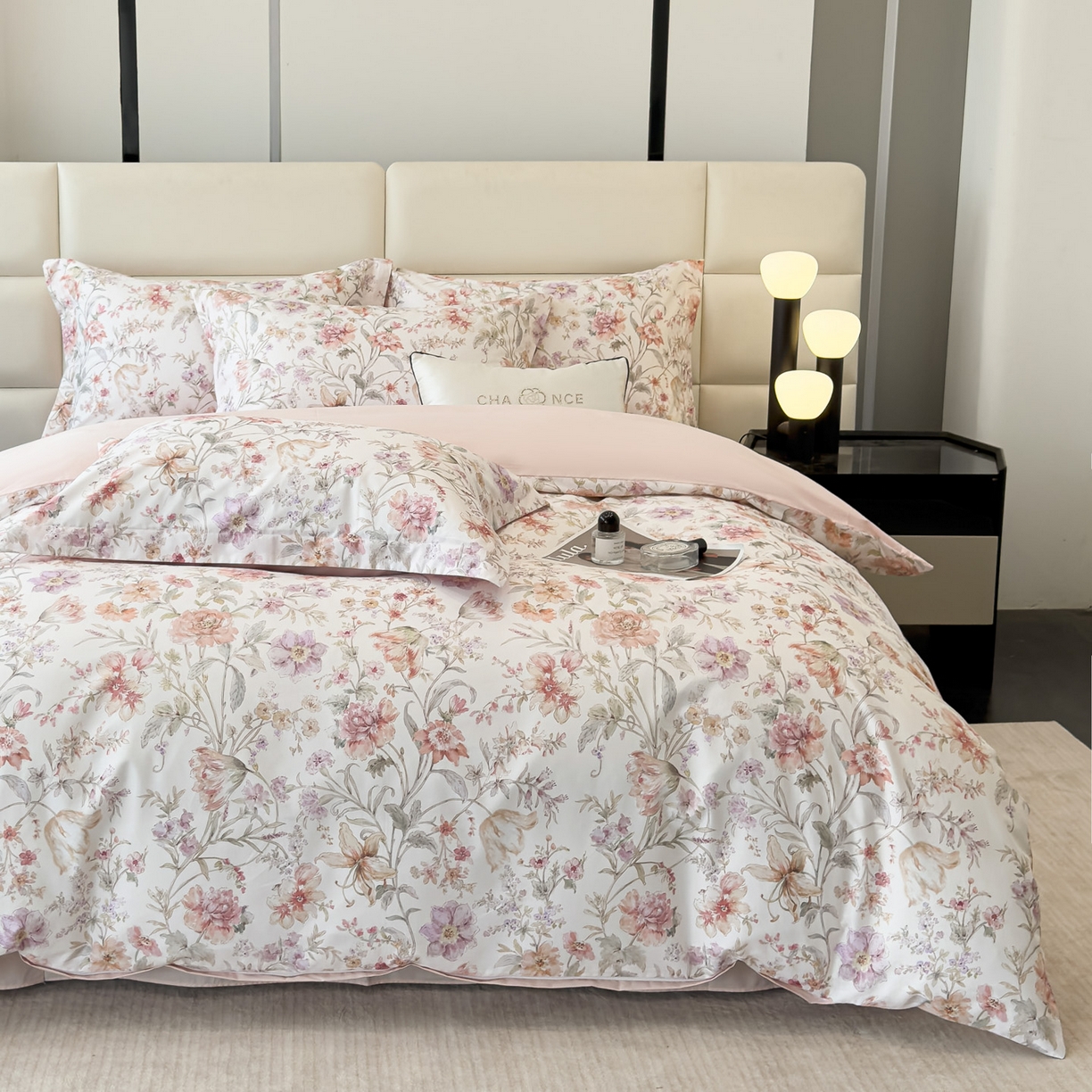 91家纺网 家纺一手货源 找家纺 洺兰家居 2025新款高支高密轻奢数码印花四件套长绒棉纯棉四件套 锦予-粉