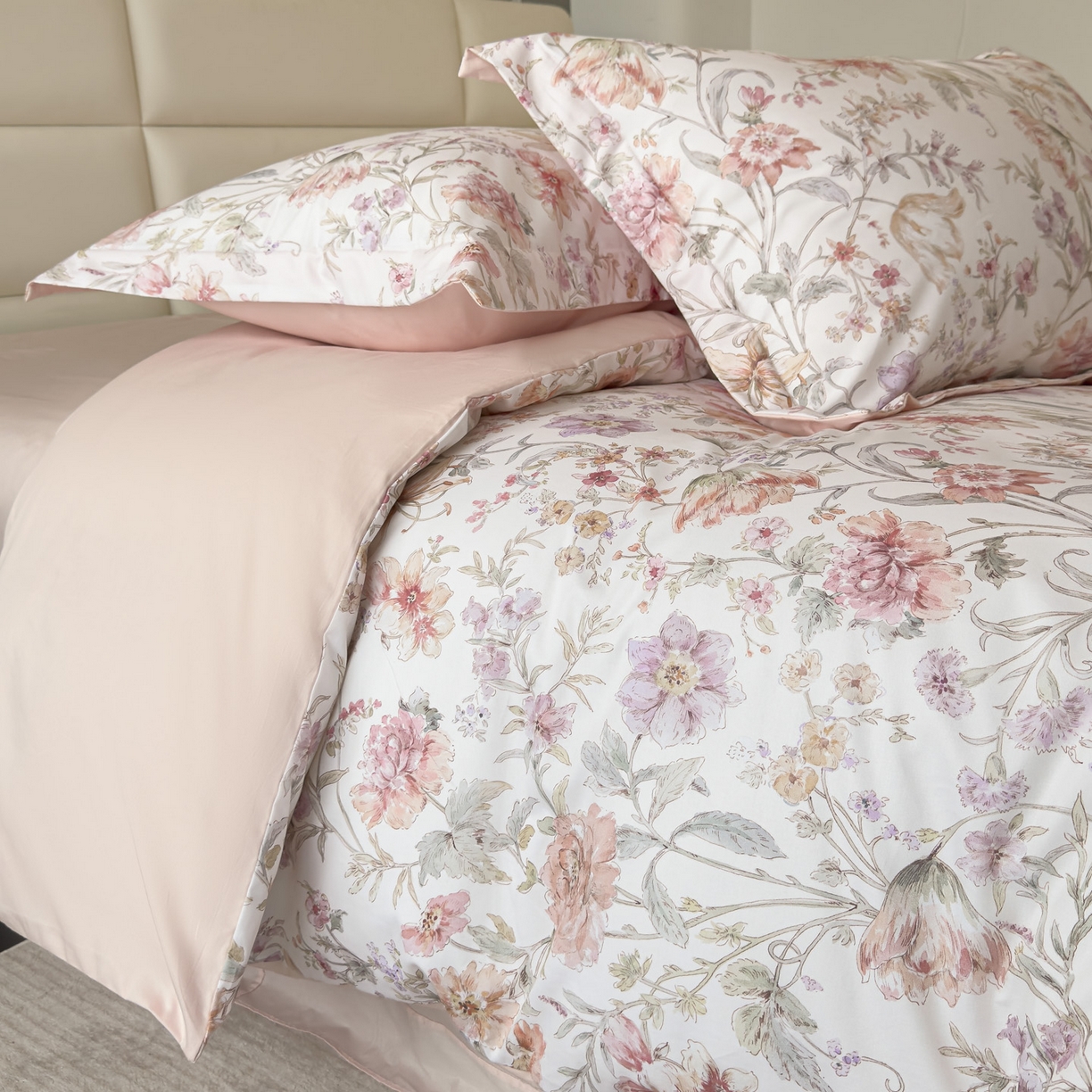 91家纺网 家纺一手货源 找家纺 洺兰家居 2025新款高支高密轻奢数码印花四件套长绒棉纯棉四件套 锦予-粉