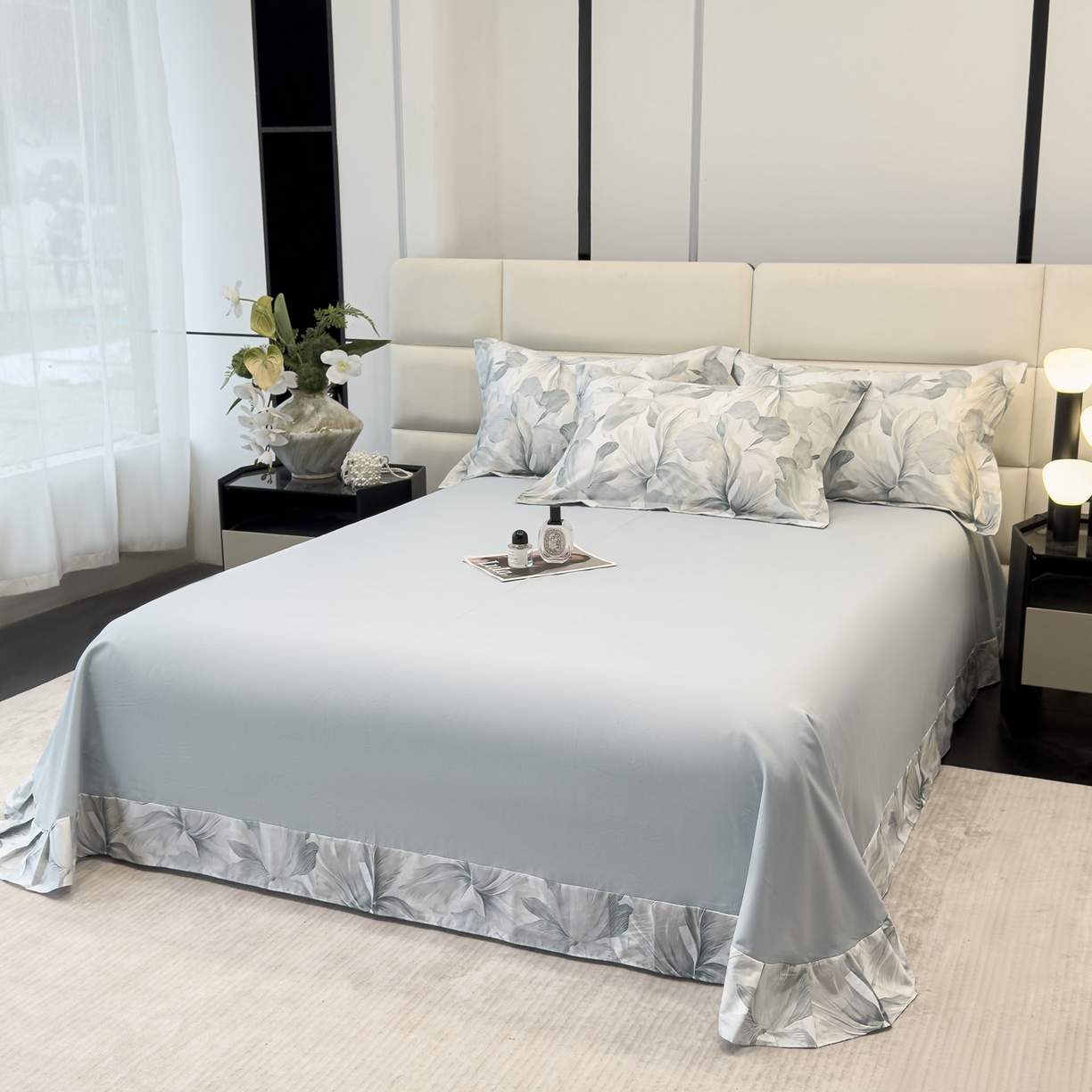 91家纺网 家纺一手货源 找家纺 洺兰家居 2025新款高支高密轻奢数码印花四件套长绒棉纯棉四件套 澜梦