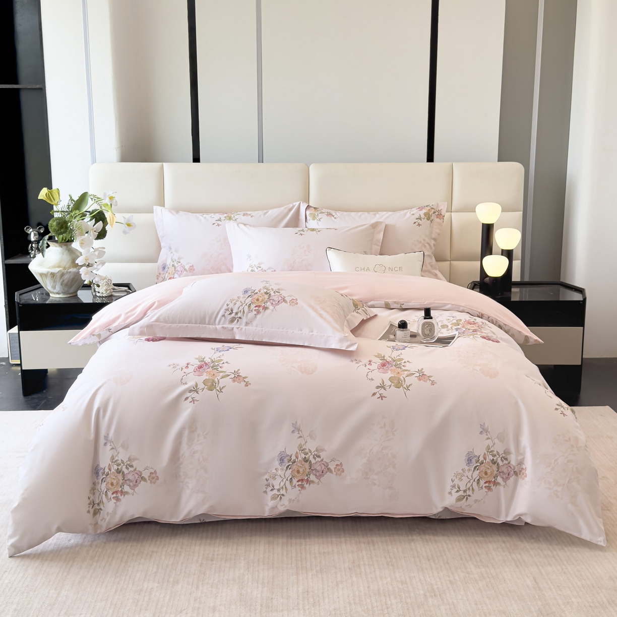 91家纺网 家纺一手货源 找家纺 洺兰家居 2025新款高支高密轻奢数码印花四件套长绒棉纯棉四件套 鹿哩-粉