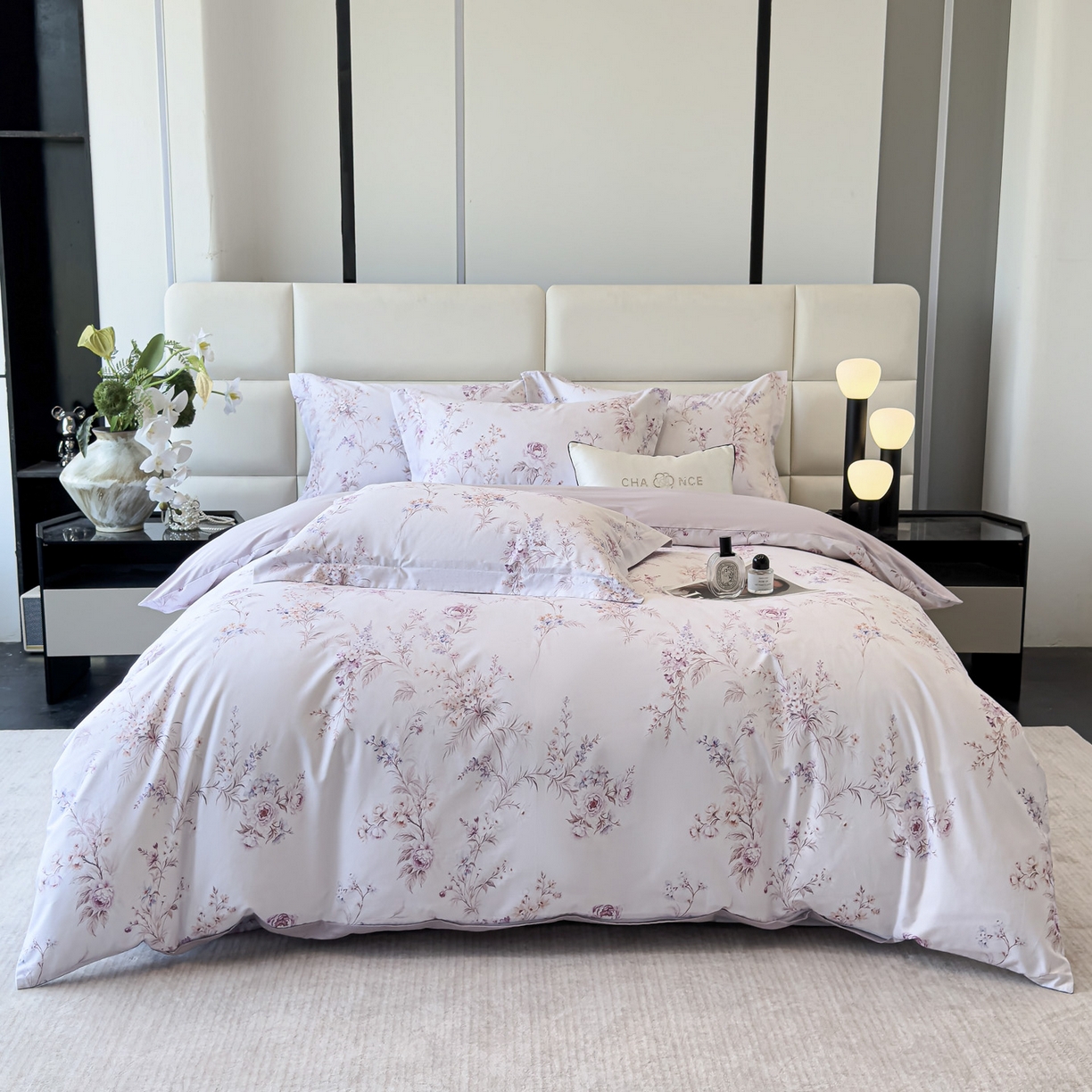 91家纺网 家纺一手货源 找家纺 洺兰家居 2025新款高支高密轻奢数码印花四件套长绒棉纯棉四件套 墨潮-紫