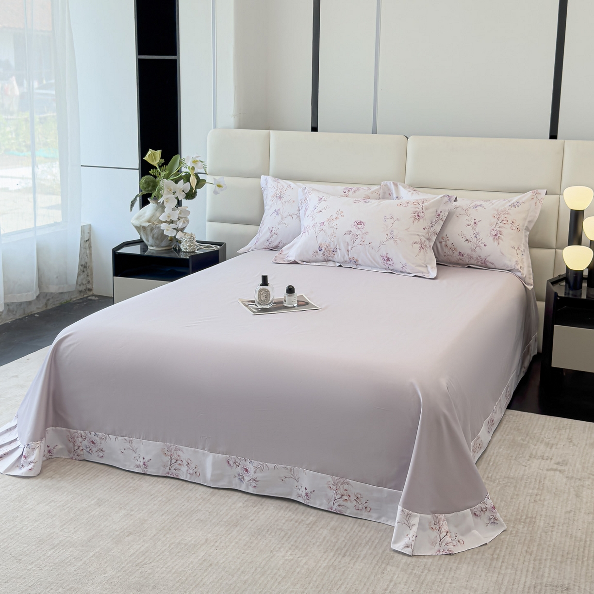 91家纺网 家纺一手货源 找家纺 洺兰家居 2025新款高支高密轻奢数码印花四件套长绒棉纯棉四件套 墨潮-紫