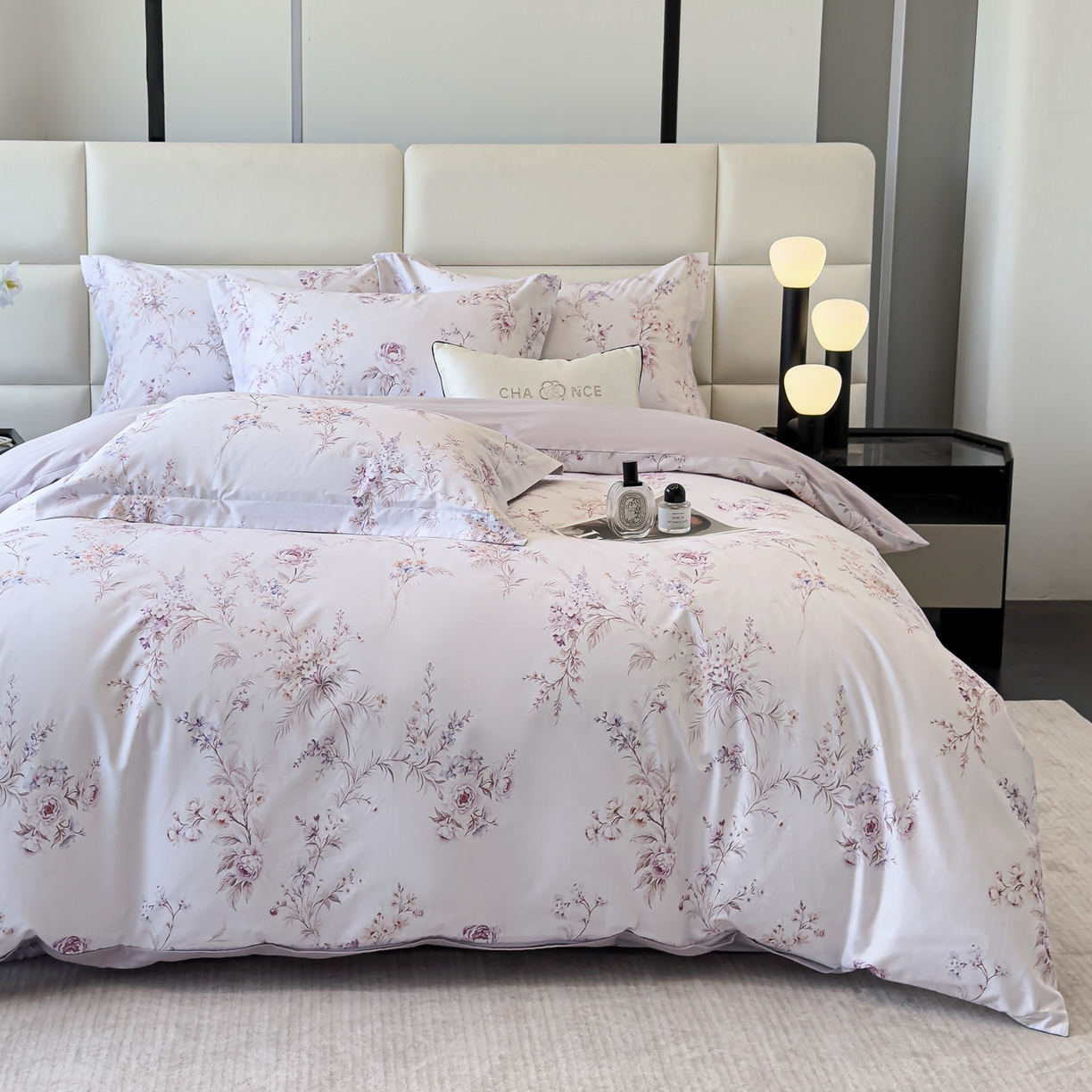 91家纺网 家纺一手货源 找家纺 洺兰家居 2025新款高支高密轻奢数码印花四件套长绒棉纯棉四件套 墨潮-紫