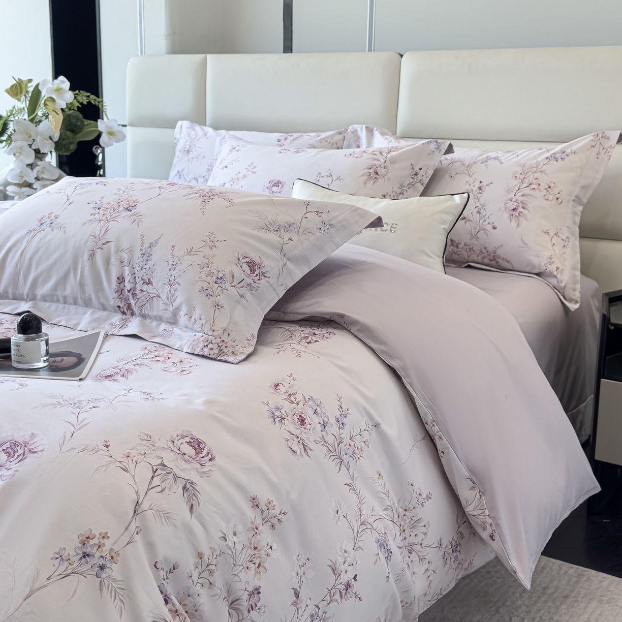 91家纺网 家纺一手货源 找家纺 洺兰家居 2025新款高支高密轻奢数码印花四件套长绒棉纯棉四件套 墨潮-紫