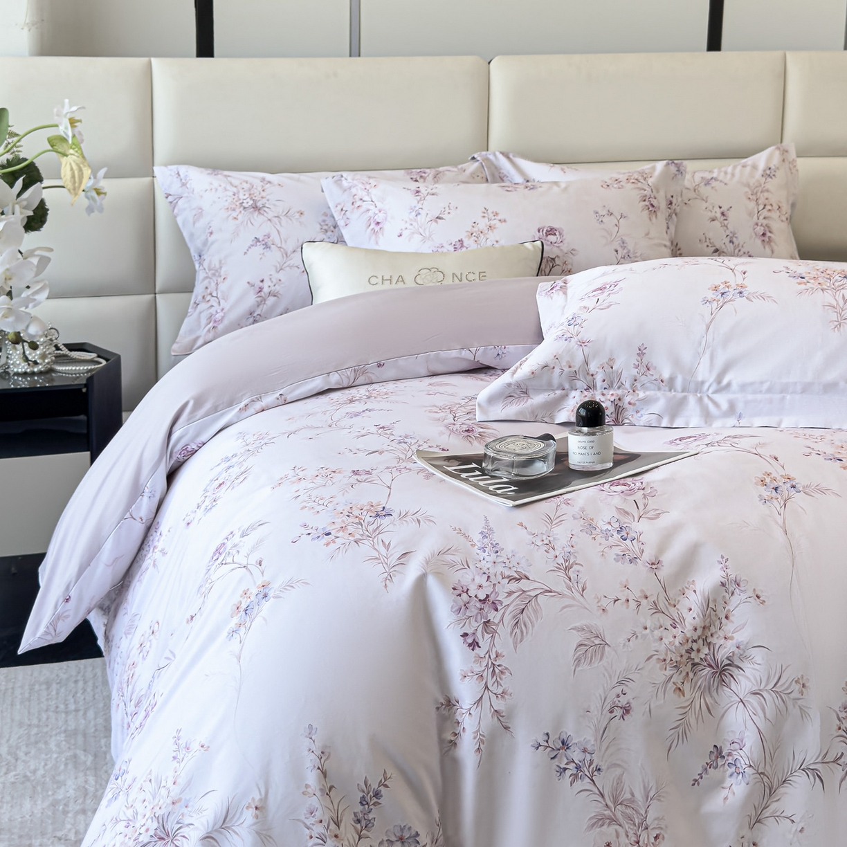 91家纺网 家纺一手货源 找家纺 洺兰家居 2025新款高支高密轻奢数码印花四件套长绒棉纯棉四件套 墨潮-紫