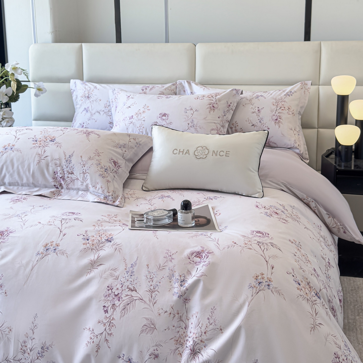 91家纺网 家纺一手货源 找家纺 洺兰家居 2025新款高支高密轻奢数码印花四件套长绒棉纯棉四件套 墨潮-紫