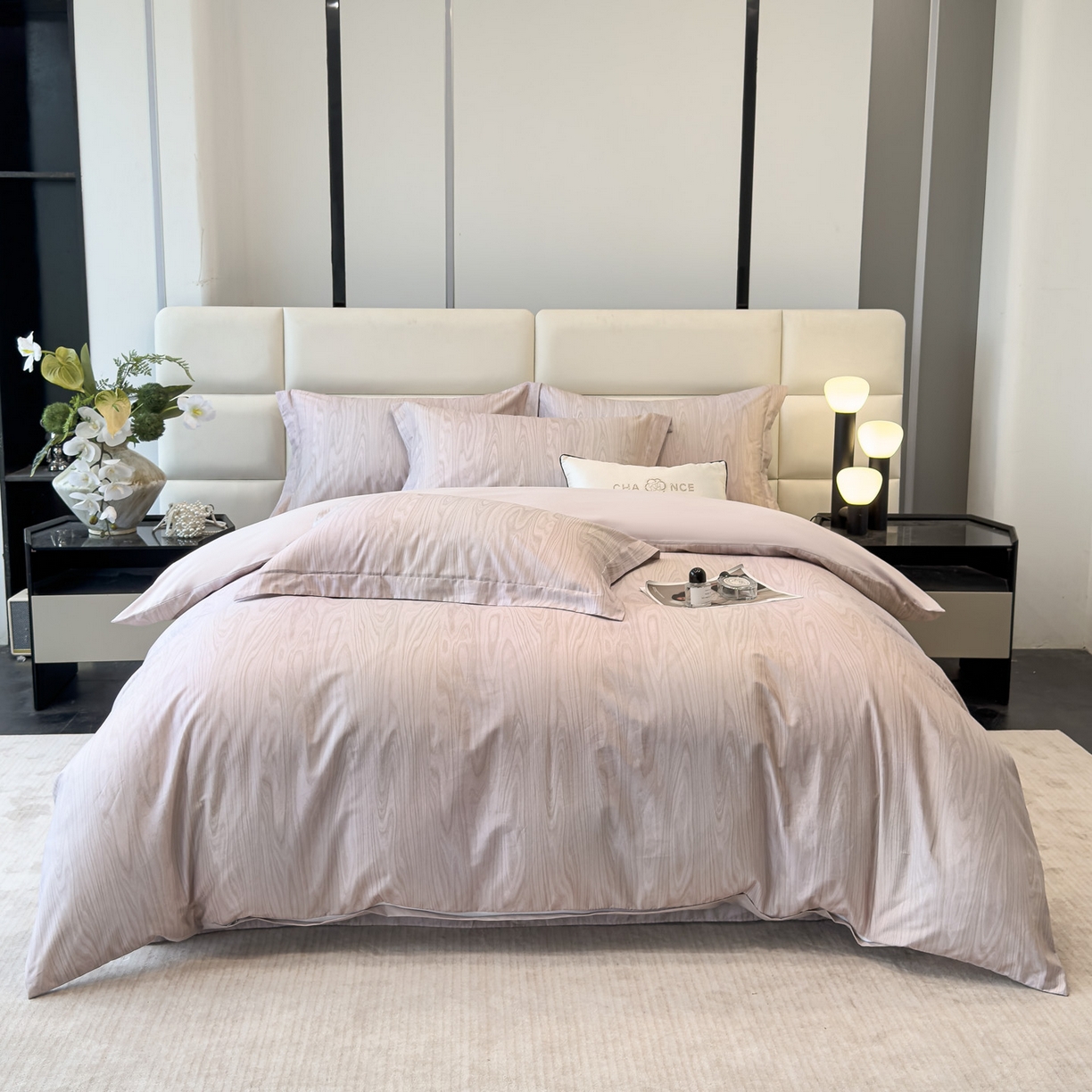 91家纺网 家纺一手货源 找家纺 洺兰家居 2025新款高支高密轻奢数码印花四件套长绒棉纯棉四件套 木纹-棕