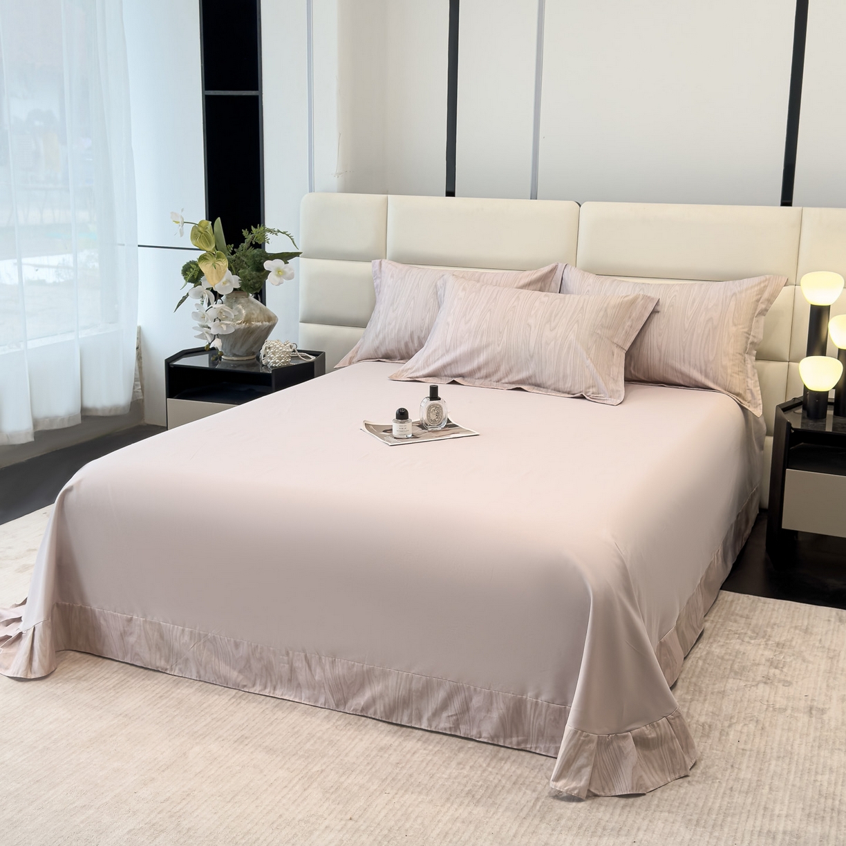 91家纺网 家纺一手货源 找家纺 洺兰家居 2025新款高支高密轻奢数码印花四件套长绒棉纯棉四件套 木纹-棕