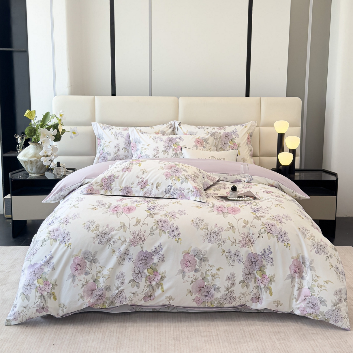 91家纺网 家纺一手货源 找家纺 洺兰家居 2025新款高支高密轻奢数码印花四件套长绒棉纯棉四件套 森与暮-粉