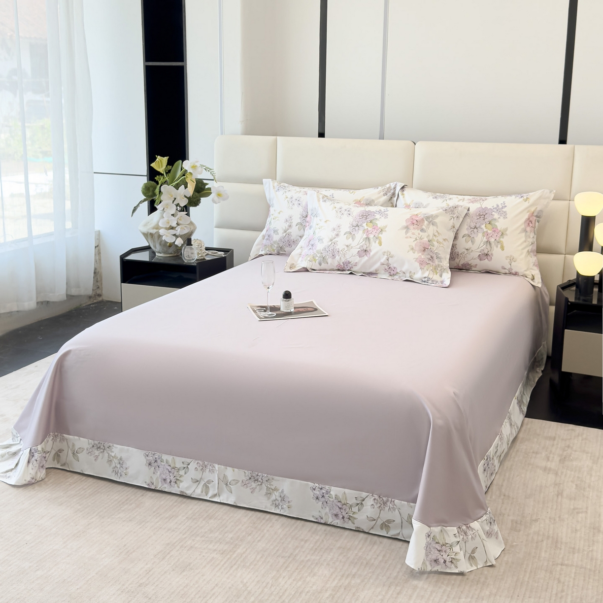 91家纺网 家纺一手货源 找家纺 洺兰家居 2025新款高支高密轻奢数码印花四件套长绒棉纯棉四件套 森与暮-粉