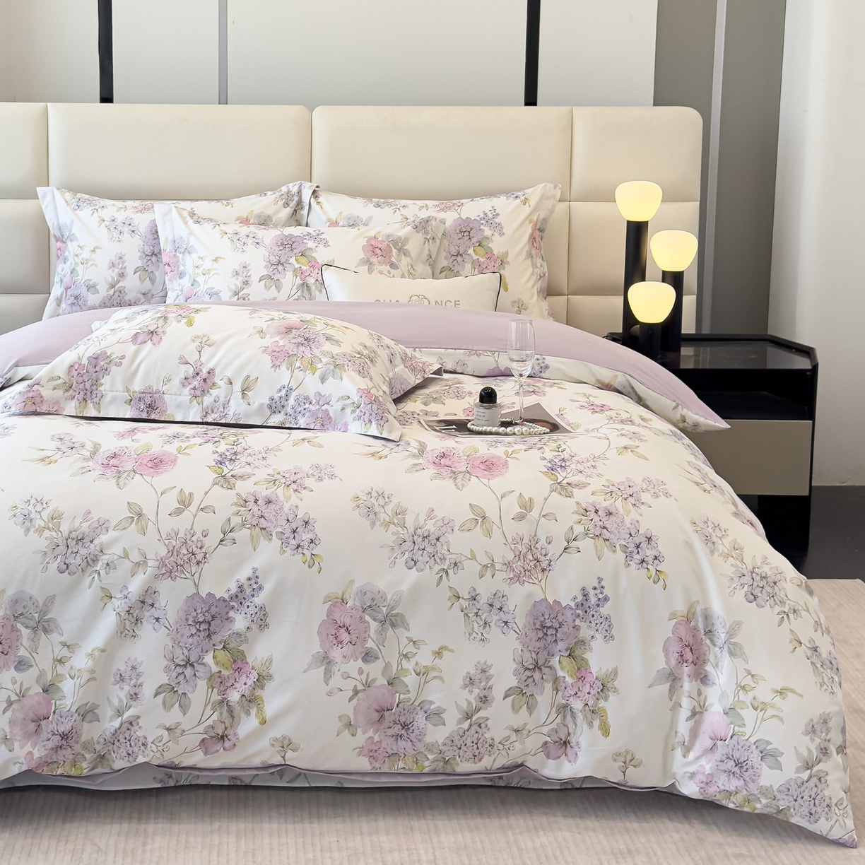 91家纺网 家纺一手货源 找家纺 洺兰家居 2025新款高支高密轻奢数码印花四件套长绒棉纯棉四件套 森与暮-粉