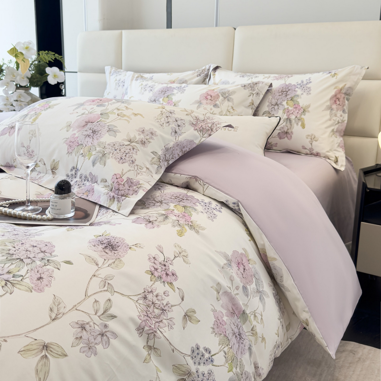 91家纺网 家纺一手货源 找家纺 洺兰家居 2025新款高支高密轻奢数码印花四件套长绒棉纯棉四件套 森与暮-粉