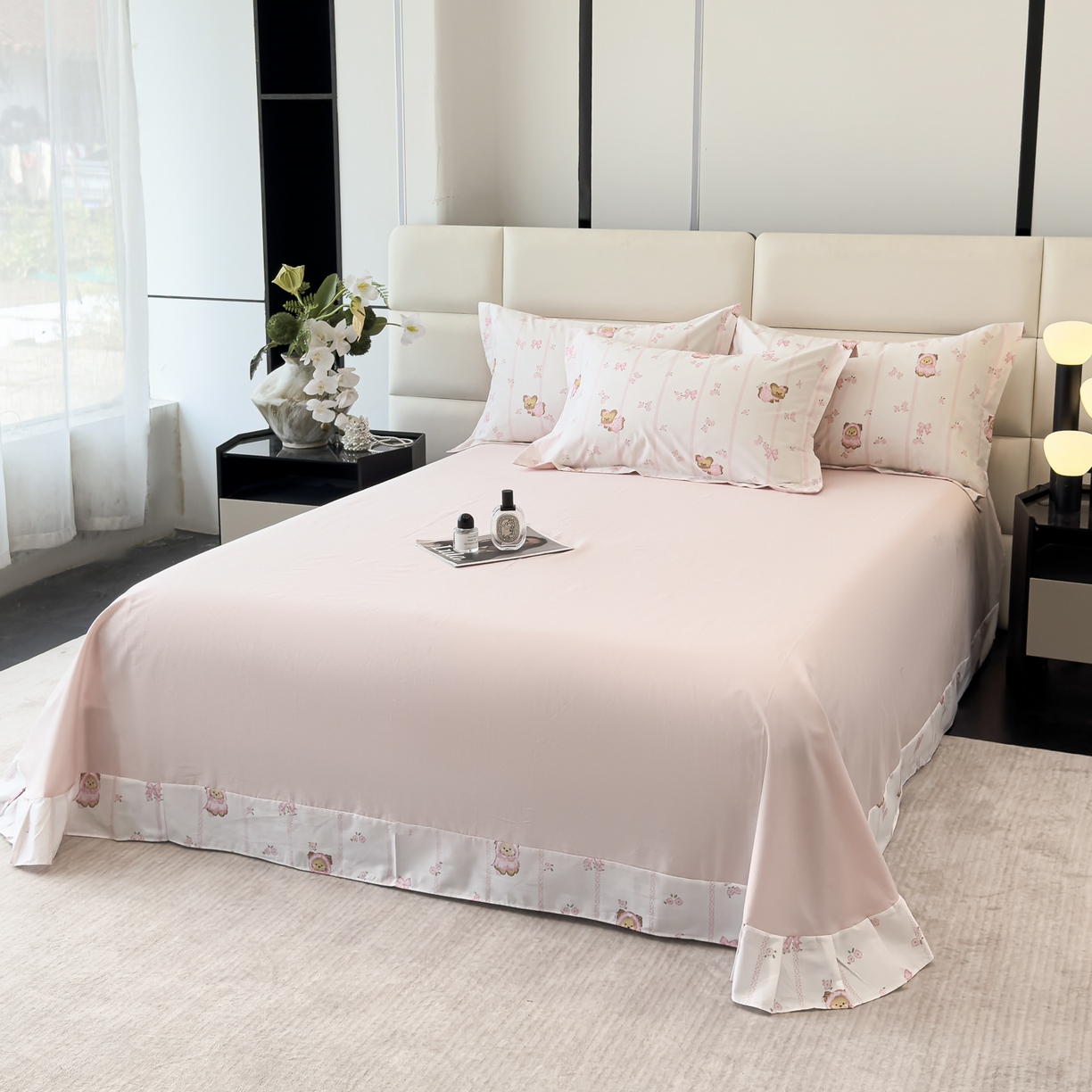 91家纺网 家纺一手货源 找家纺 洺兰家居 2025新款高支高密轻奢数码印花四件套长绒棉纯棉四件套 童趣-粉