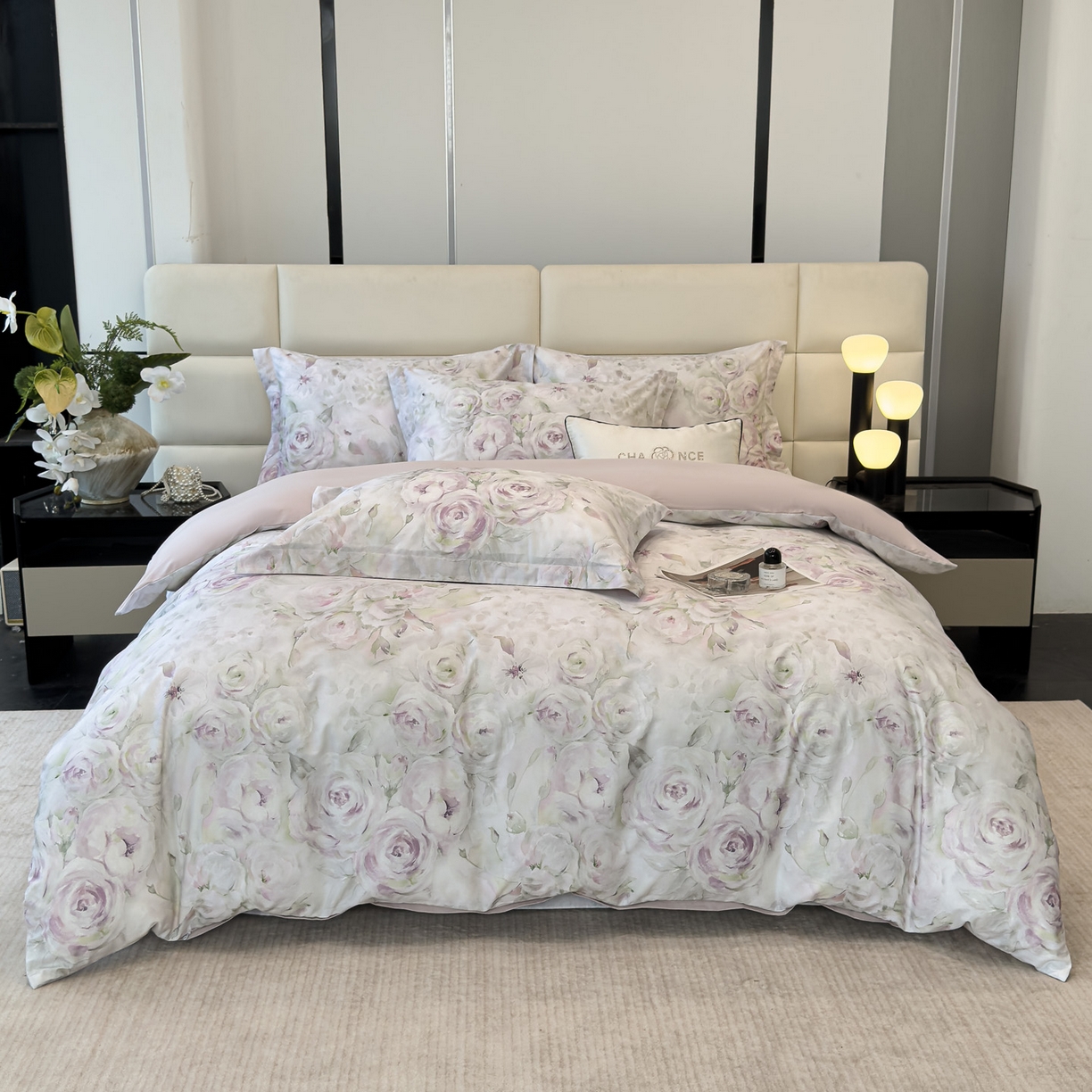 91家纺网 家纺一手货源 找家纺 洺兰家居 2025新款高支高密轻奢数码印花四件套长绒棉纯棉四件套 惜花芷