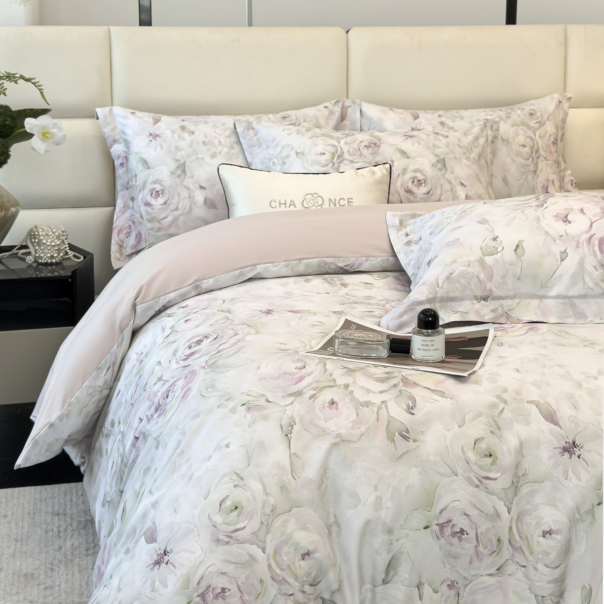 91家纺网 家纺一手货源 找家纺 洺兰家居 2025新款高支高密轻奢数码印花四件套长绒棉纯棉四件套 惜花芷