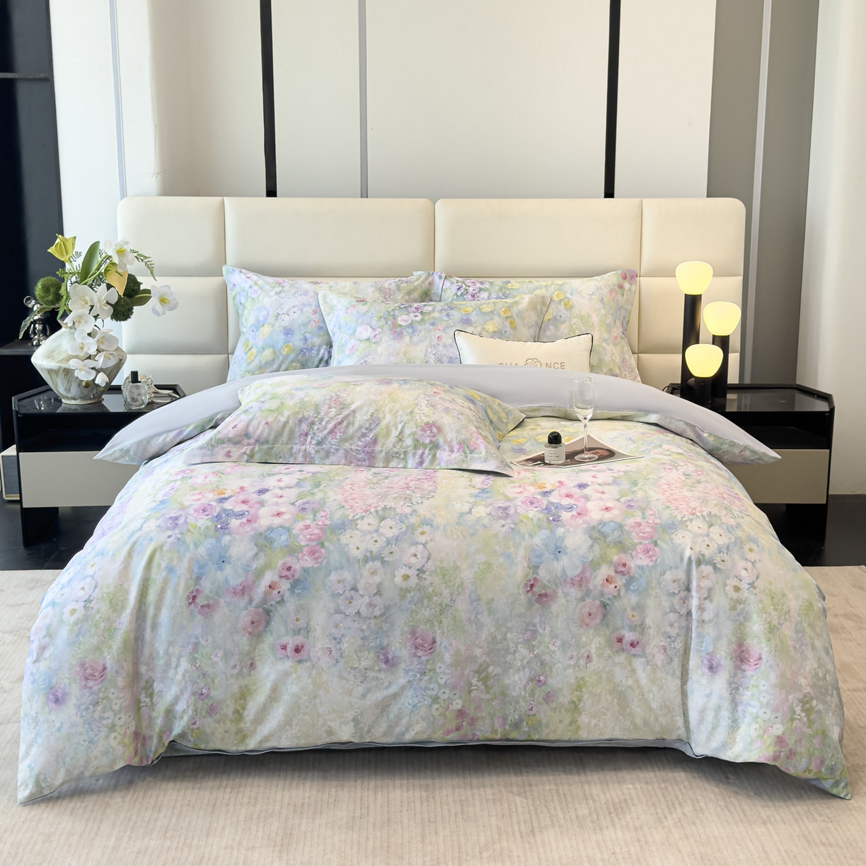 91家纺网 家纺一手货源 找家纺 洺兰家居 2025新款高支高密轻奢数码印花四件套长绒棉纯棉四件套 絮扑帘-绿