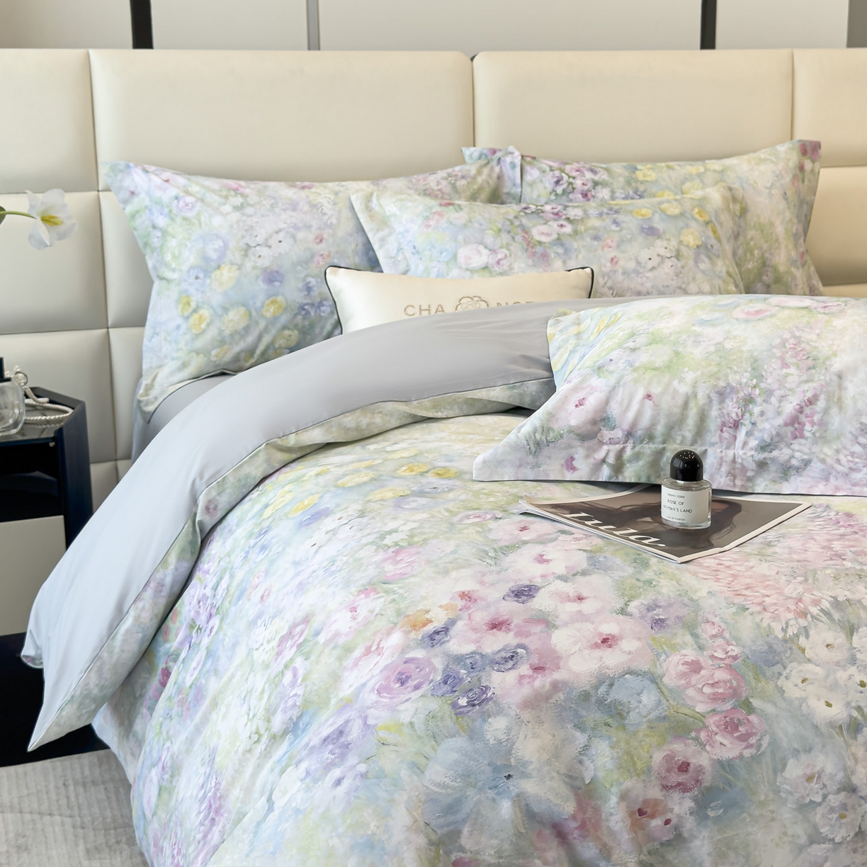 91家纺网 家纺一手货源 找家纺 洺兰家居 2025新款高支高密轻奢数码印花四件套长绒棉纯棉四件套 絮扑帘-绿