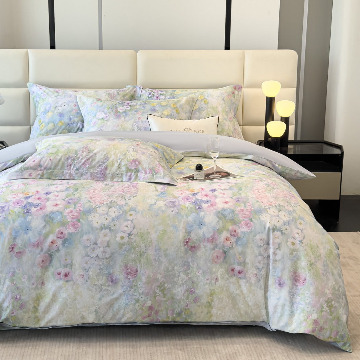 91家纺网 家纺一手货源 找家纺 洺兰家居 2025新款高支高密轻奢数码印花四件套长绒棉纯棉四件套 絮扑帘-绿