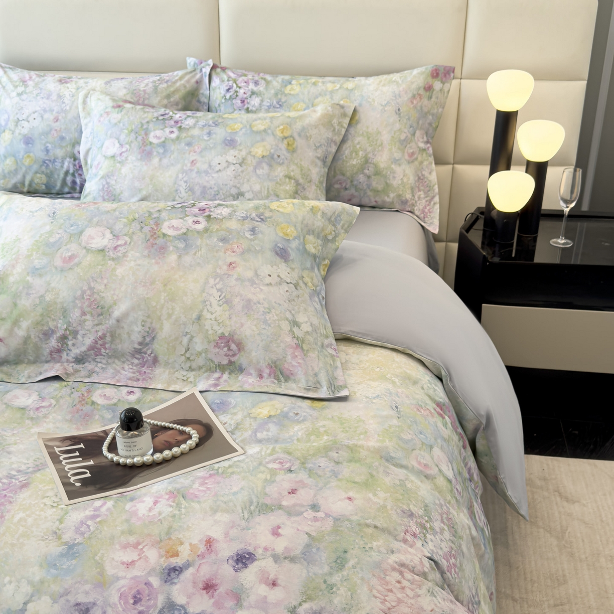 91家纺网 家纺一手货源 找家纺 洺兰家居 2025新款高支高密轻奢数码印花四件套长绒棉纯棉四件套 絮扑帘-绿