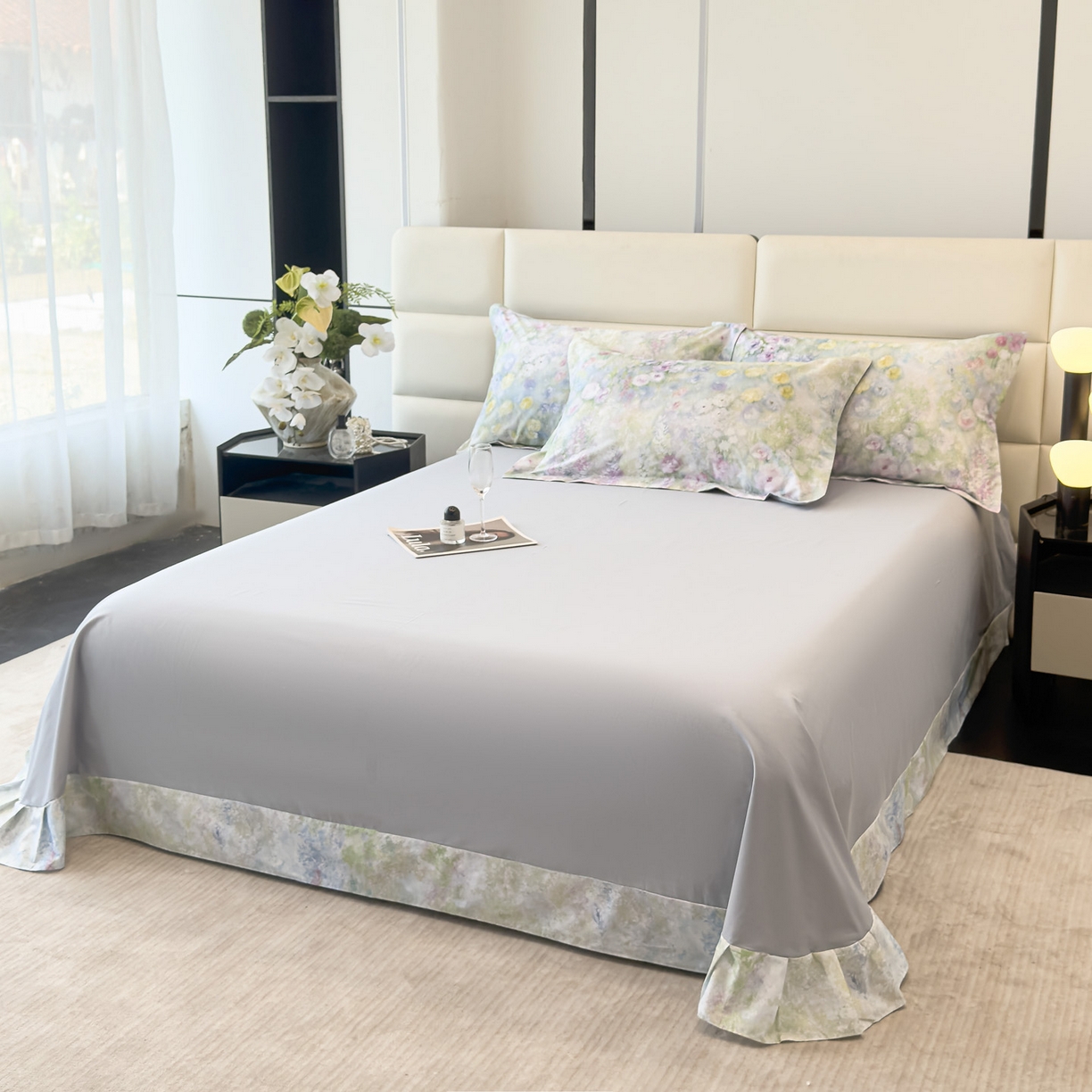 91家纺网 家纺一手货源 找家纺 洺兰家居 2025新款高支高密轻奢数码印花四件套长绒棉纯棉四件套 絮扑帘-绿