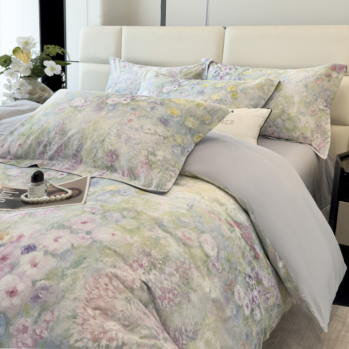 91家纺网 家纺一手货源 找家纺 洺兰家居 2025新款高支高密轻奢数码印花四件套长绒棉纯棉四件套 絮扑帘-绿