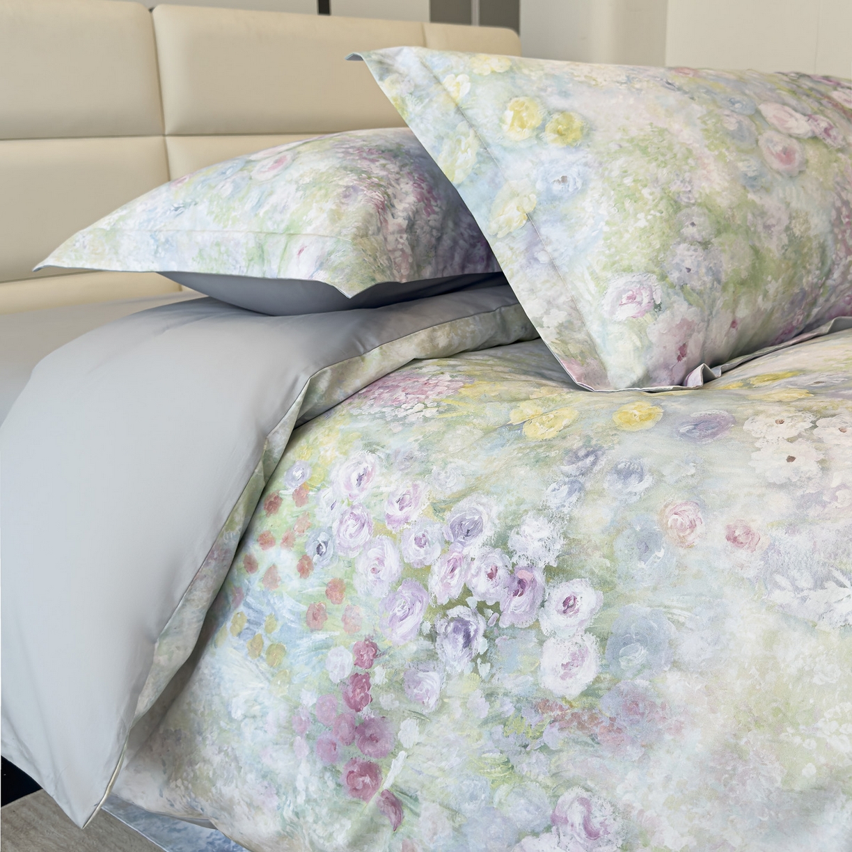 91家纺网 家纺一手货源 找家纺 洺兰家居 2025新款高支高密轻奢数码印花四件套长绒棉纯棉四件套 絮扑帘-绿