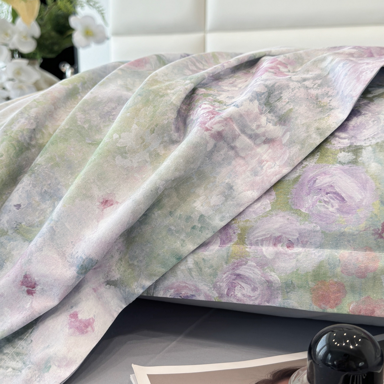 91家纺网 家纺一手货源 找家纺 洺兰家居 2025新款高支高密轻奢数码印花四件套长绒棉纯棉四件套 絮扑帘-绿