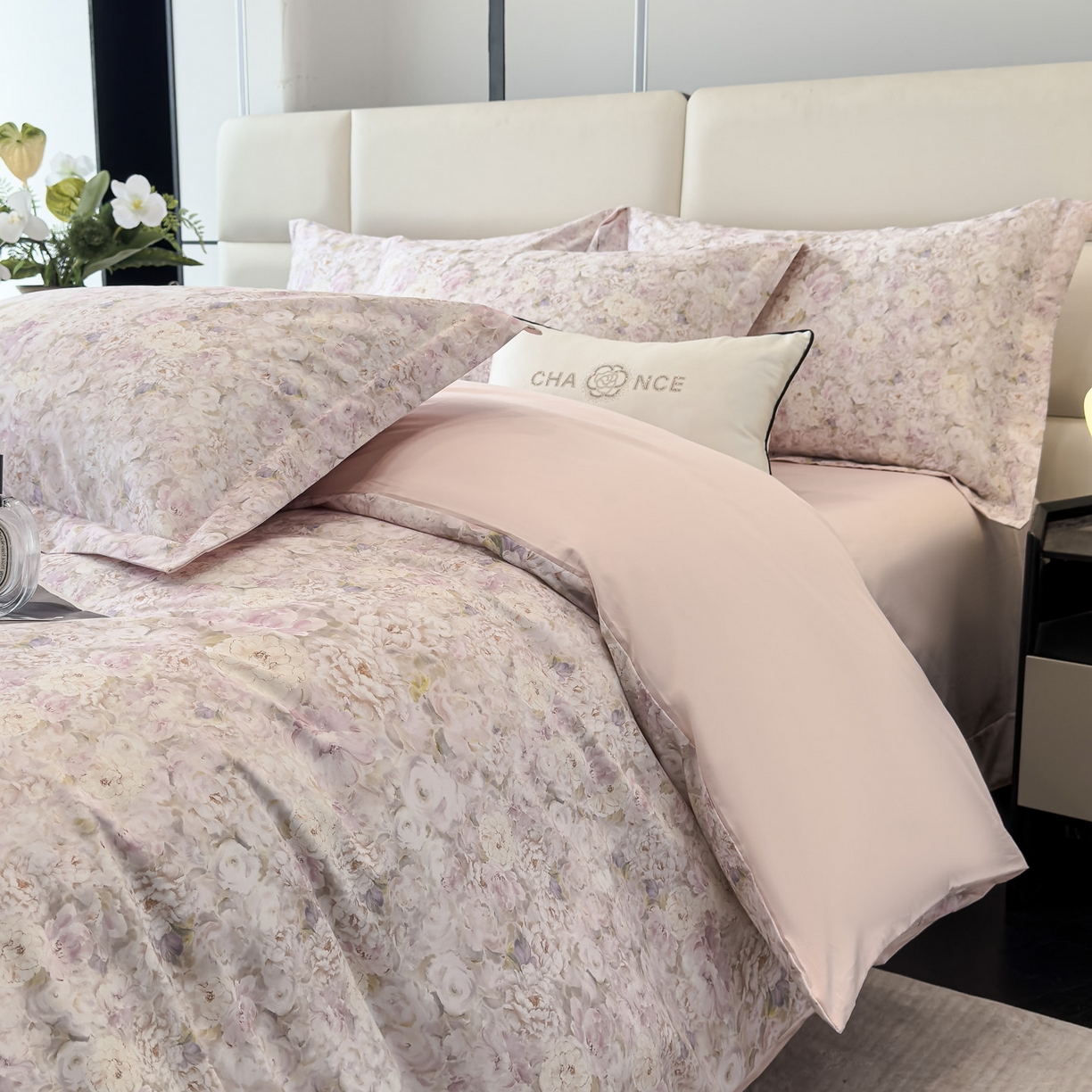 91家纺网 家纺一手货源 找家纺 洺兰家居 2025新款高支高密轻奢数码印花四件套长绒棉纯棉四件套 雅尚-粉