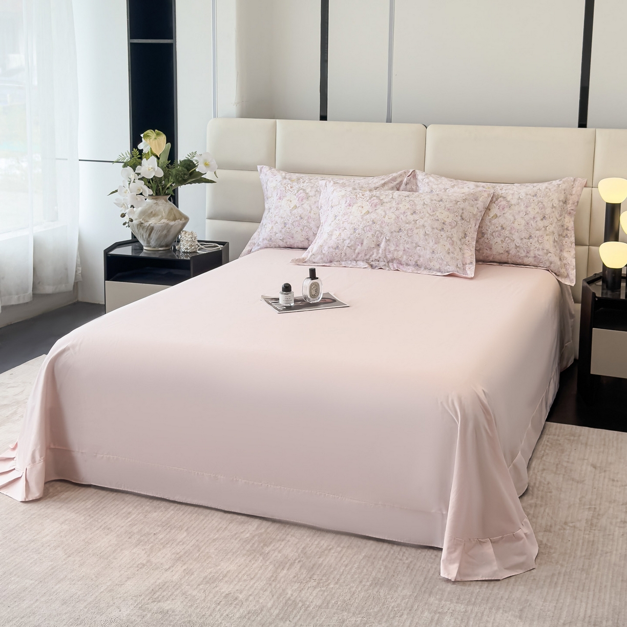 91家纺网 家纺一手货源 找家纺 洺兰家居 2025新款高支高密轻奢数码印花四件套长绒棉纯棉四件套 雅尚-粉