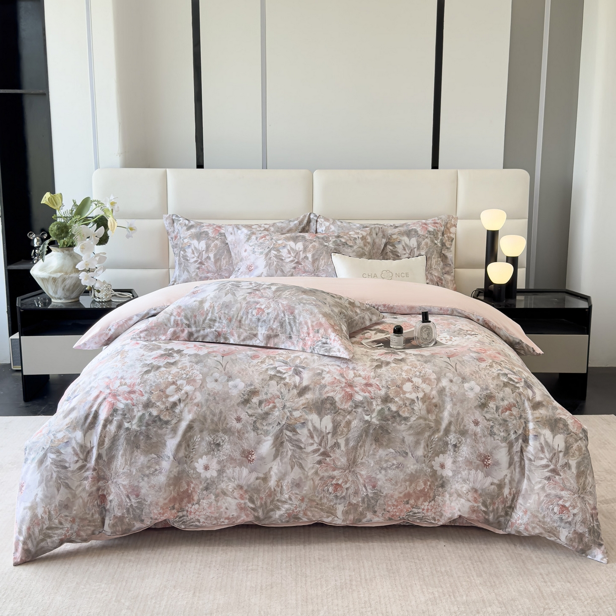 91家纺网 家纺一手货源 找家纺 洺兰家居 2025新款高支高密轻奢数码印花四件套长绒棉纯棉四件套 砚清迟-粉