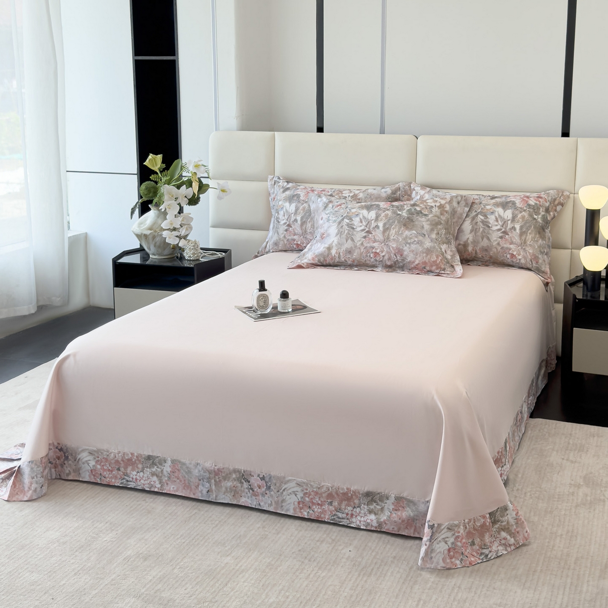 91家纺网 家纺一手货源 找家纺 洺兰家居 2025新款高支高密轻奢数码印花四件套长绒棉纯棉四件套 砚清迟-粉