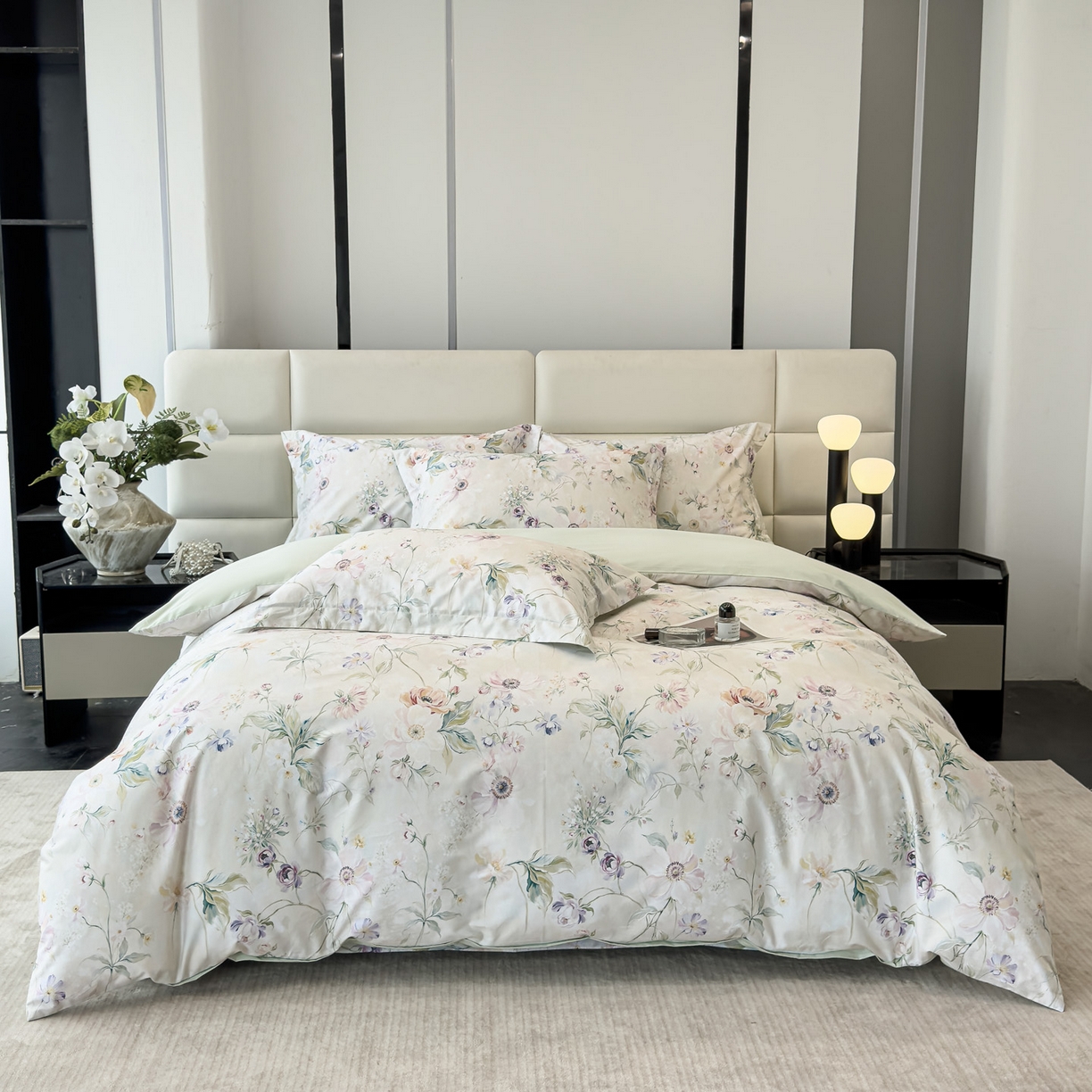 91家纺网 家纺一手货源 找家纺 洺兰家居 2025新款高支高密轻奢数码印花四件套长绒棉纯棉四件套 云游-绿