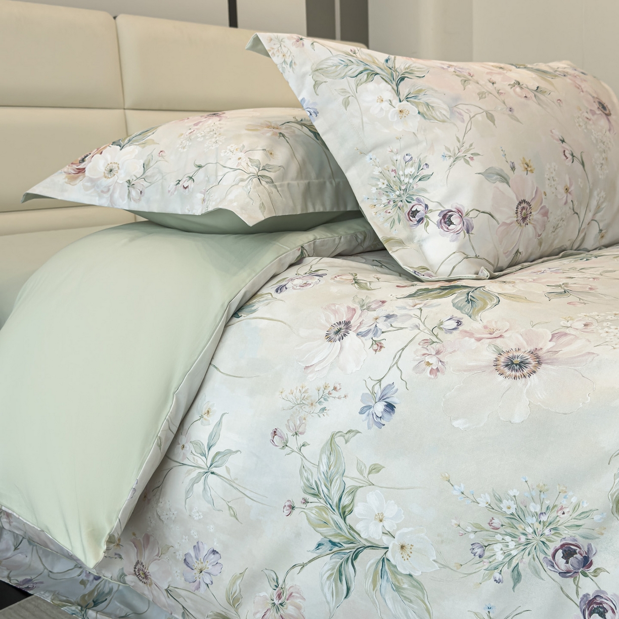 91家纺网 家纺一手货源 找家纺 洺兰家居 2025新款高支高密轻奢数码印花四件套长绒棉纯棉四件套 云游-绿