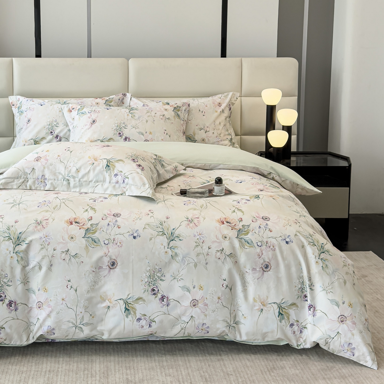 91家纺网 家纺一手货源 找家纺 洺兰家居 2025新款高支高密轻奢数码印花四件套长绒棉纯棉四件套 云游-绿