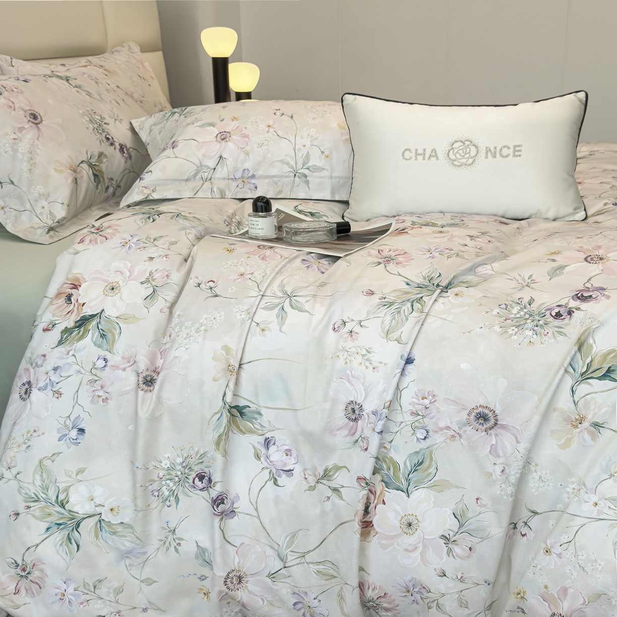 91家纺网 家纺一手货源 找家纺 洺兰家居 2025新款高支高密轻奢数码印花四件套长绒棉纯棉四件套 云游-绿