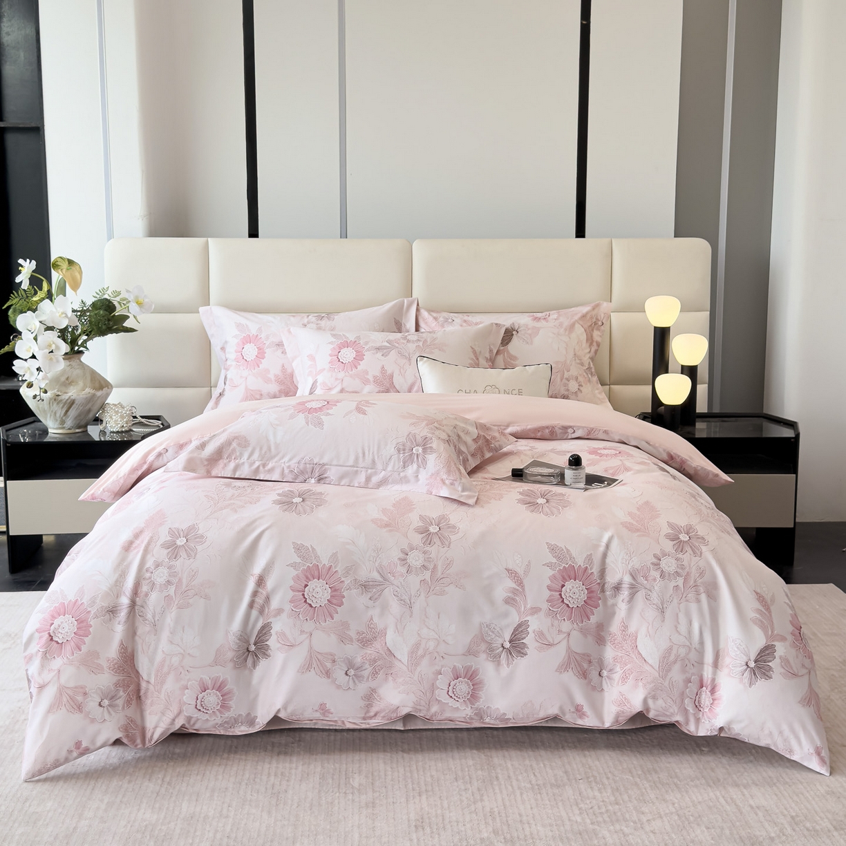 91家纺网 家纺一手货源 找家纺 洺兰家居 2025新款高支高密轻奢数码印花四件套长绒棉纯棉四件套 之简-粉