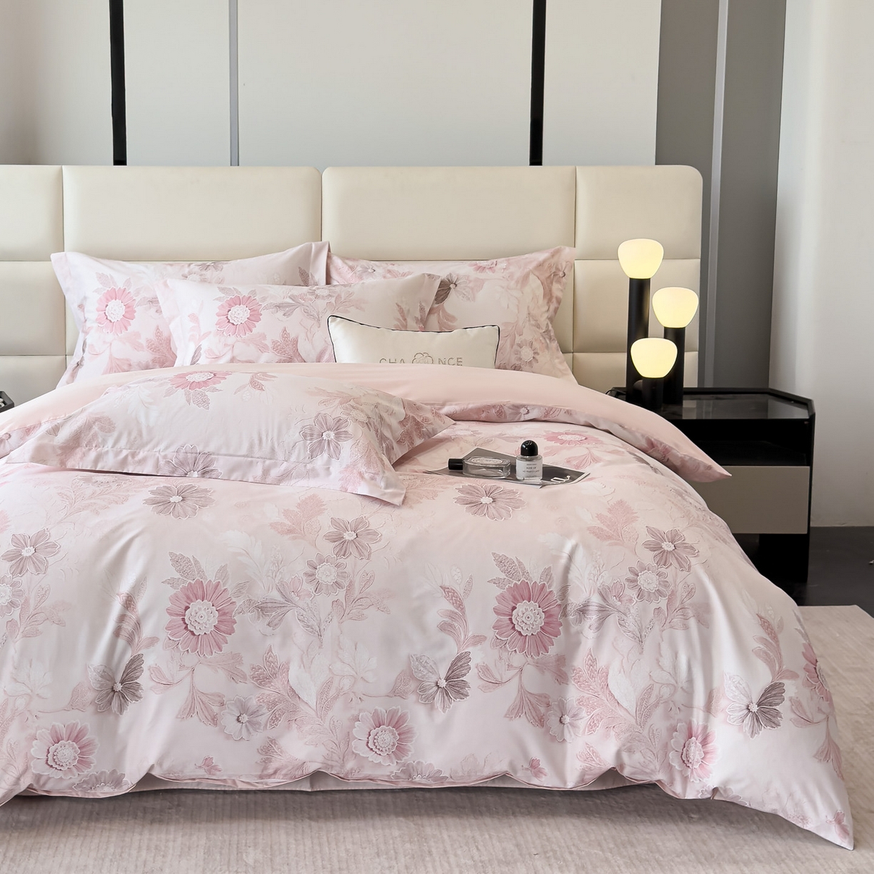 91家纺网 家纺一手货源 找家纺 洺兰家居 2025新款高支高密轻奢数码印花四件套长绒棉纯棉四件套 之简-粉