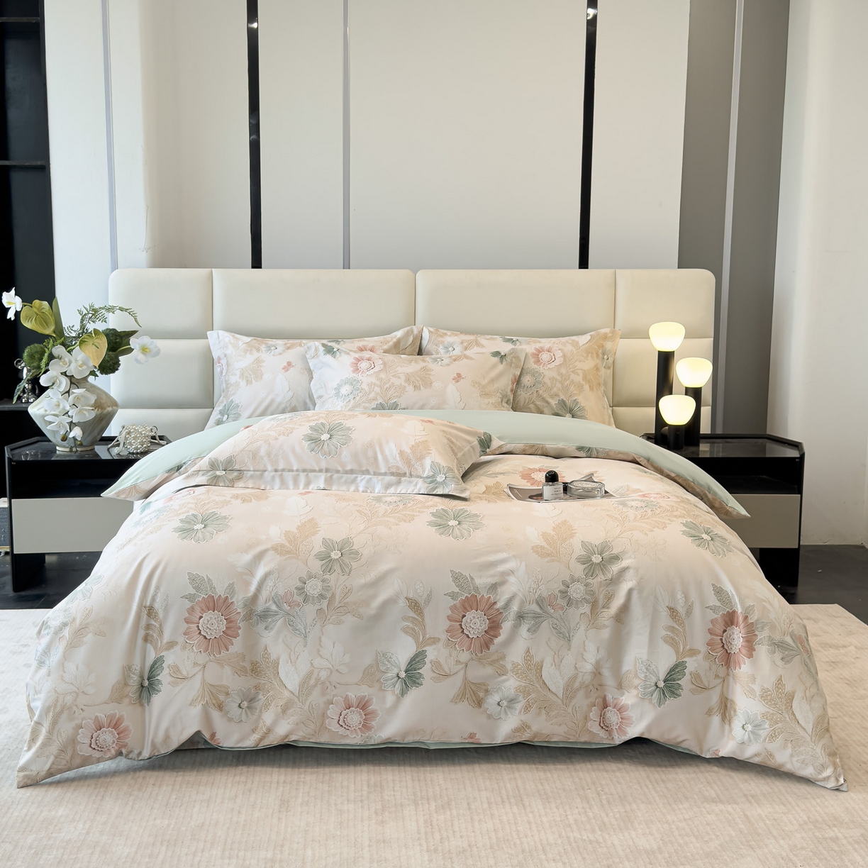 91家纺网 家纺一手货源 找家纺 洺兰家居 2025新款高支高密轻奢数码印花四件套长绒棉纯棉四件套 之简-绿