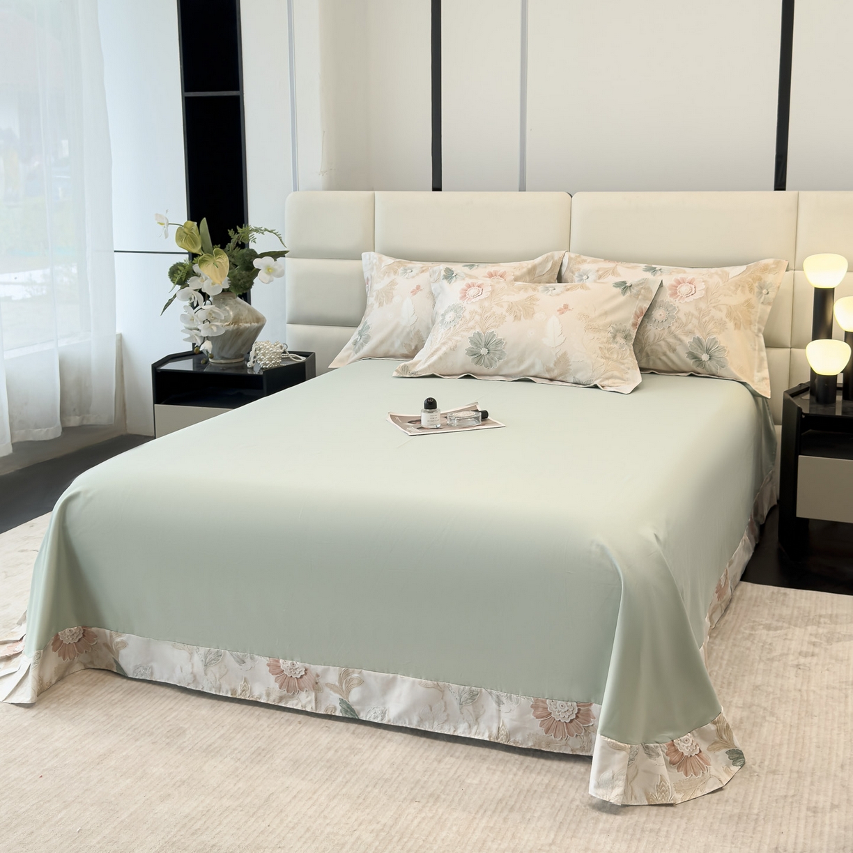 91家纺网 家纺一手货源 找家纺 洺兰家居 2025新款高支高密轻奢数码印花四件套长绒棉纯棉四件套 之简-绿