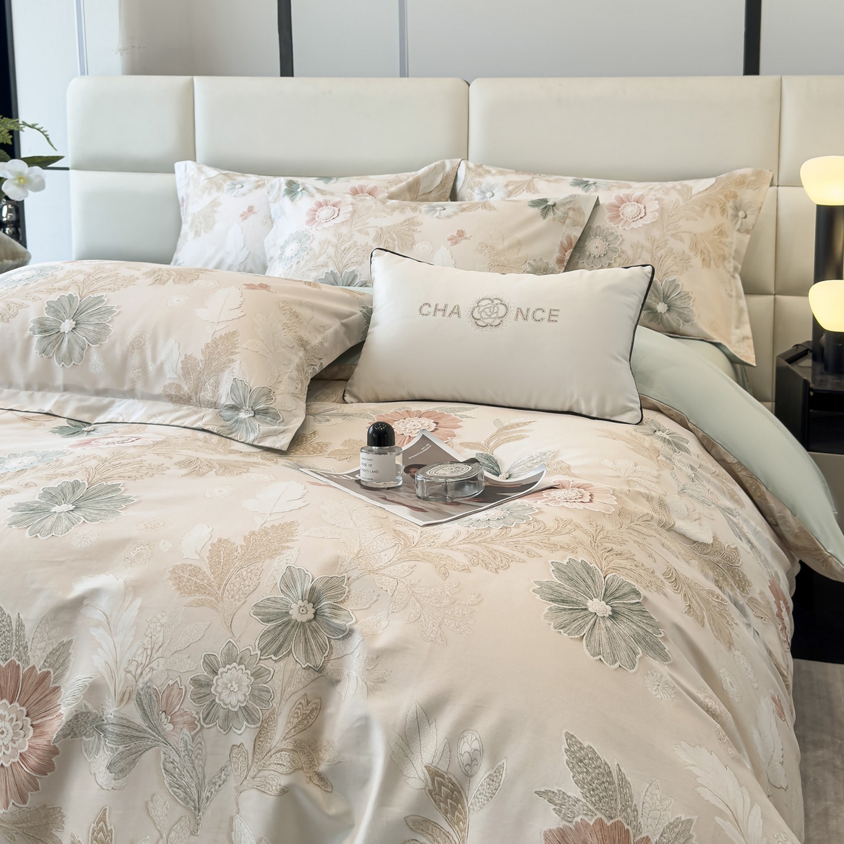 91家纺网 家纺一手货源 找家纺 洺兰家居 2025新款高支高密轻奢数码印花四件套长绒棉纯棉四件套 之简-绿