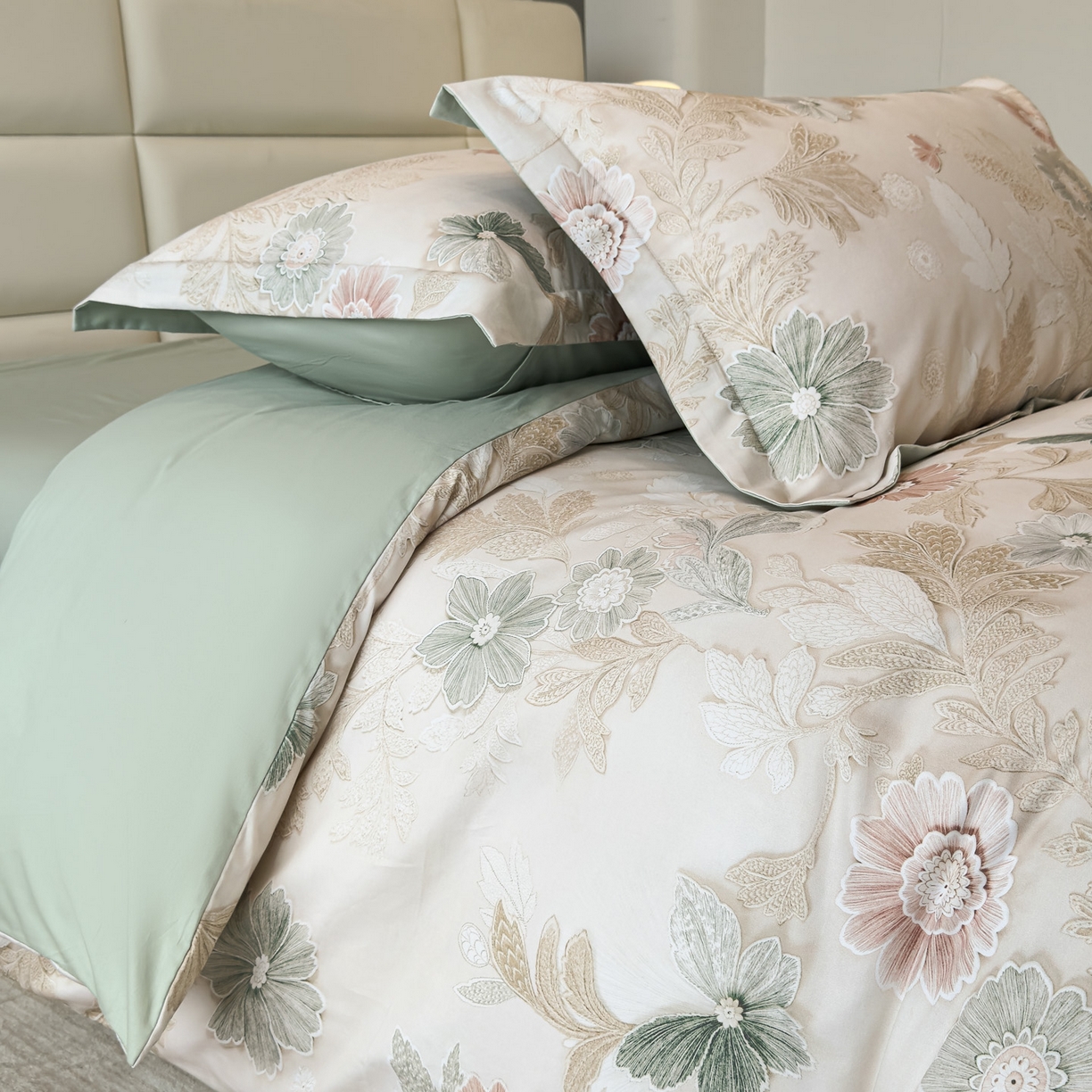 91家纺网 家纺一手货源 找家纺 洺兰家居 2025新款高支高密轻奢数码印花四件套长绒棉纯棉四件套 之简-绿