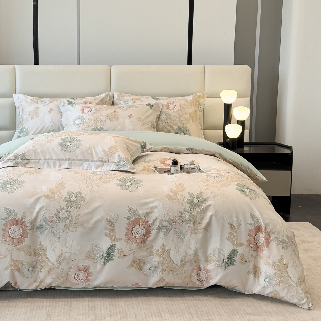 91家纺网 家纺一手货源 找家纺 洺兰家居 2025新款高支高密轻奢数码印花四件套长绒棉纯棉四件套 之简-绿