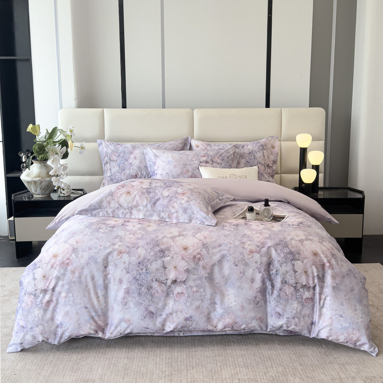 91家纺网 家纺一手货源 找家纺 洺兰家居 2025新款高支高密轻奢数码印花四件套长绒棉纯棉四件套 枝瑾-紫