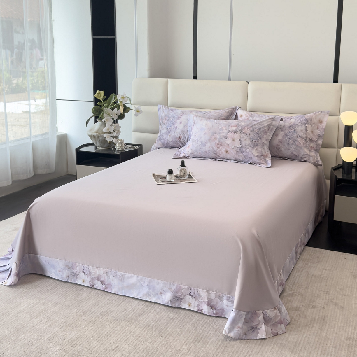 91家纺网 家纺一手货源 找家纺 洺兰家居 2025新款高支高密轻奢数码印花四件套长绒棉纯棉四件套 枝瑾-紫