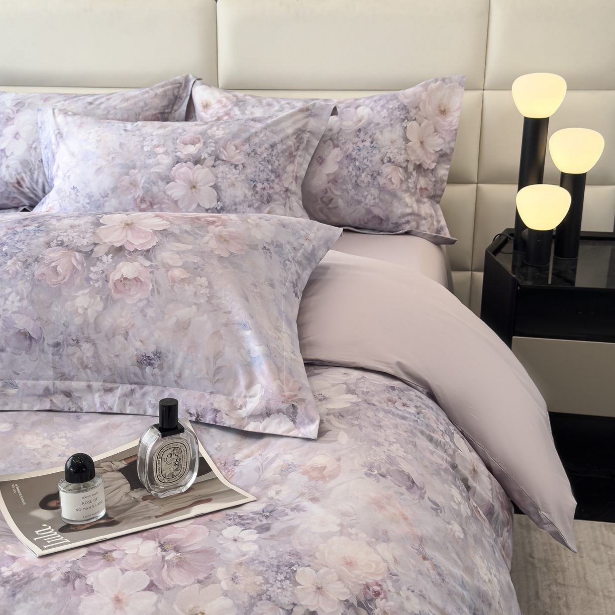 91家纺网 家纺一手货源 找家纺 洺兰家居 2025新款高支高密轻奢数码印花四件套长绒棉纯棉四件套 枝瑾-紫