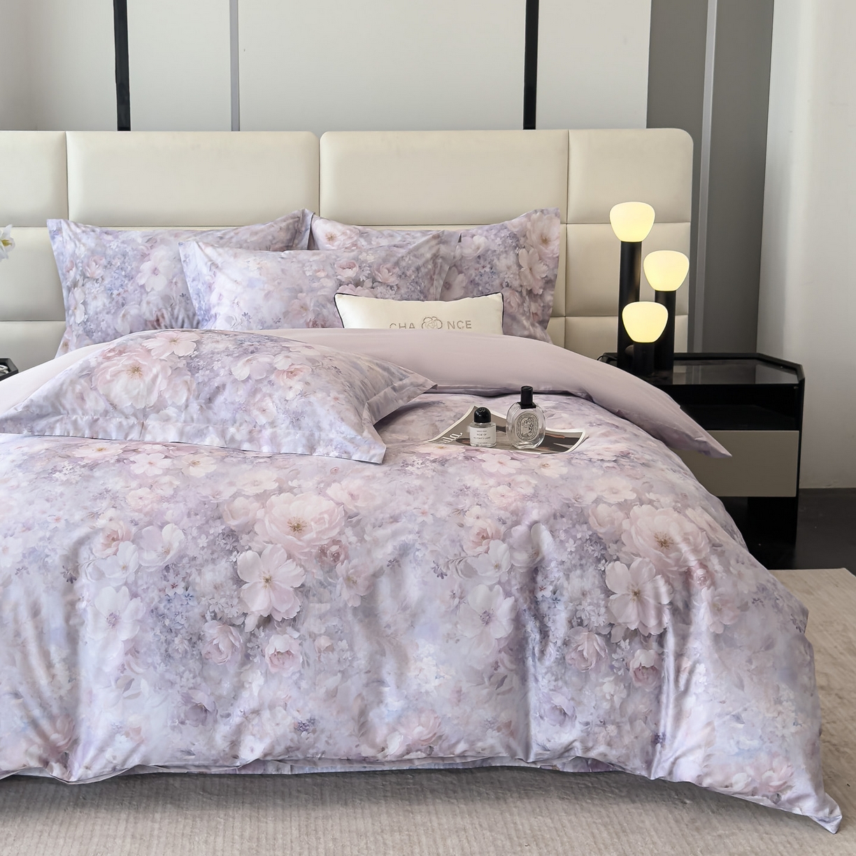 91家纺网 家纺一手货源 找家纺 洺兰家居 2025新款高支高密轻奢数码印花四件套长绒棉纯棉四件套 枝瑾-紫