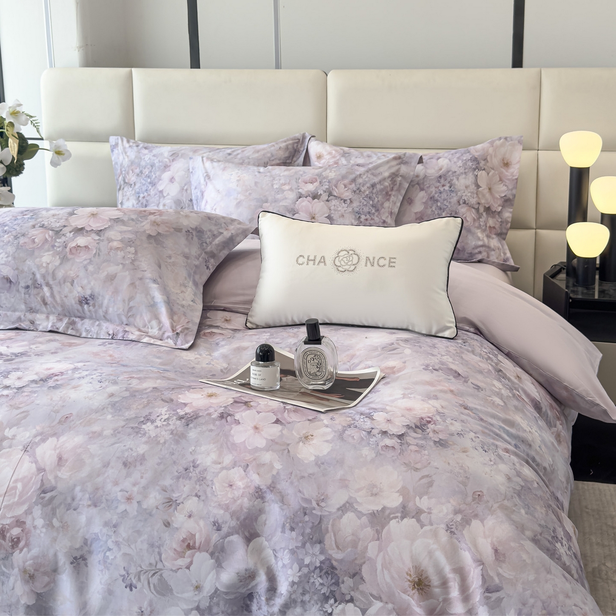 91家纺网 家纺一手货源 找家纺 洺兰家居 2025新款高支高密轻奢数码印花四件套长绒棉纯棉四件套 枝瑾-紫