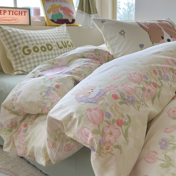 91家纺网 家纺一手货源 找家纺 觅糖家纺 2025新款开学季40支13370全棉纯棉斜纹四件套 春日小狗